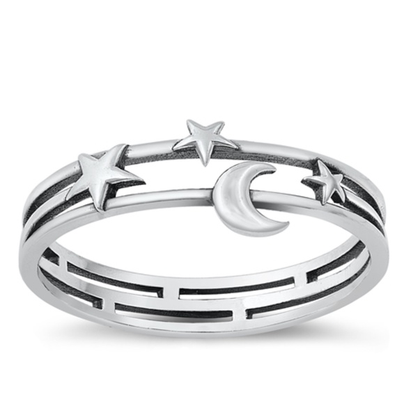 925 Sterling Silver Layered Moon and Stars Ring - Picture 1 of 10